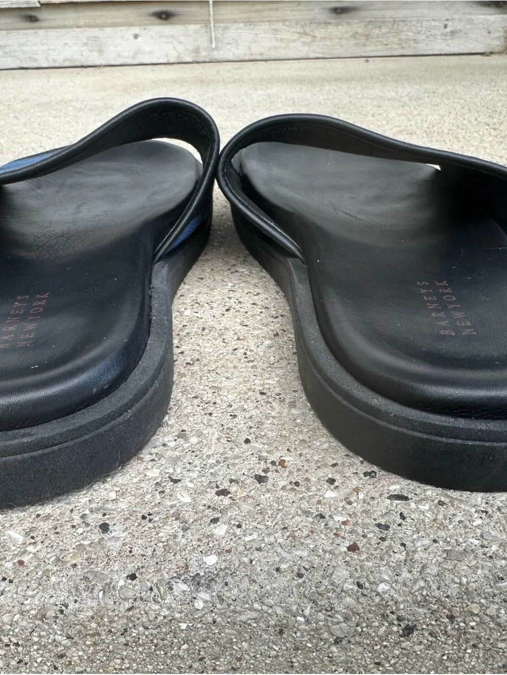 Barneys New York Black Slide Sandals with Blue Camo Strap